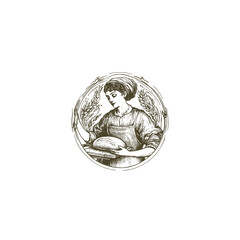 Woman baker engraving design vector template illustration