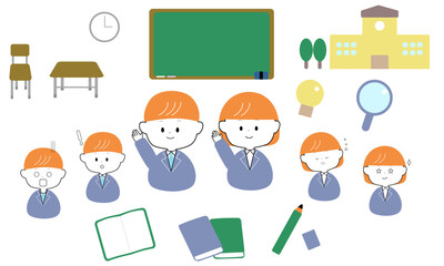 学校の教室と生徒のかわいいアイコンセット