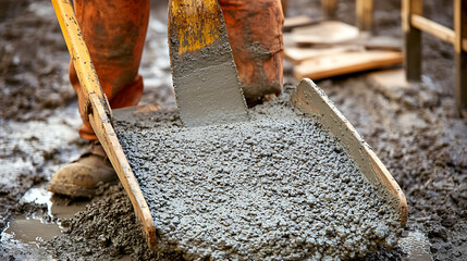 Concrete being poured and smoothed at a construction site