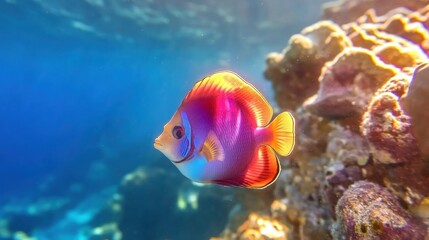 Fototapeta premium A vibrant fish glides gracefully past a coral reef in the clear waters of the ocean, showing off its bright colors and unique features