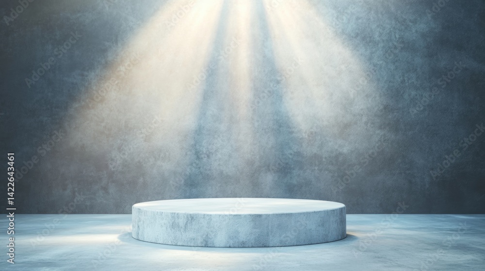Poster a round concrete platform stands under bright lights in a spacious, empty studio, creating a strikin