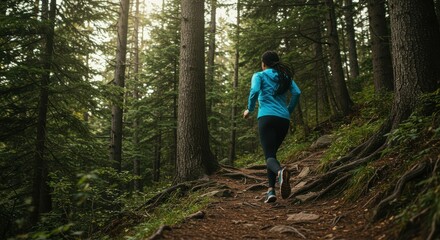 Fototapeta premium Person jogging on a rocky trail in a dense conifer forest with dappled sunlight