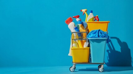 Cleaner organizing cleaning supplies trolley blue background