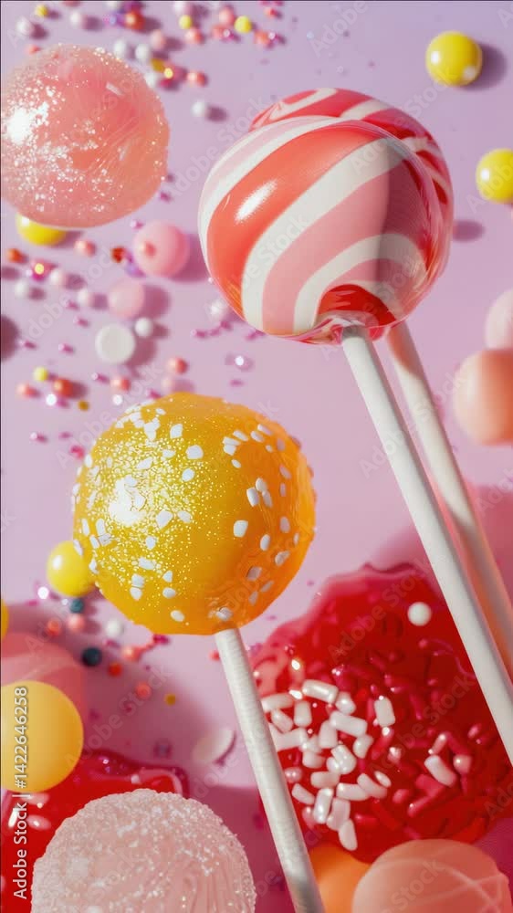 Aufkleber a close up of a bunch of colorful lollipops and sprinkles. scene is playful and fun, as the lollipop