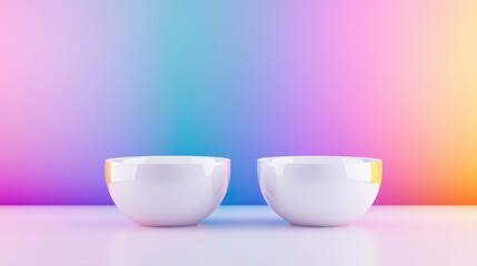 Fototapeta premium Two empty white bowls against a vibrant rainbow gradient background