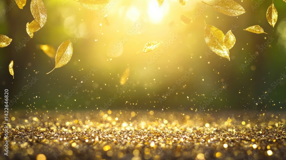 Poster sunlight filters through trees as golden leaves gracefully fall, creating a magical atmosphere in a 