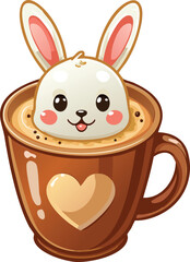 Cartoon Bunny Rabbit in Brown Coffee Mug with Heart Detail Adorable Illustration Perfect for Childrens Book Design And Pet Friendly Cafe Decoration in Pastel Colors