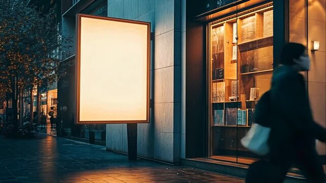 Blank illuminated lightbox advertisement mockup city street night urban retail commercial
