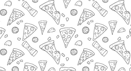 Small black contour linear pizza slices isolated on white background. Cute monochrome seamless pattern. Vector