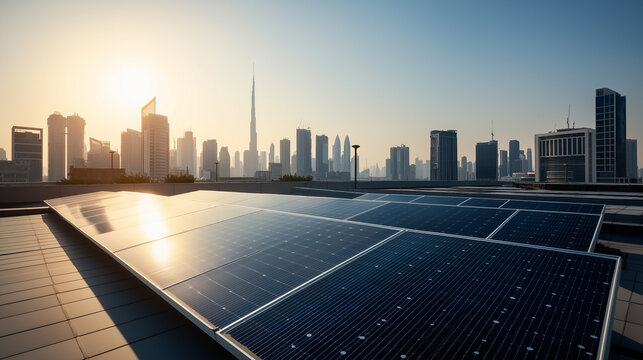 Solar panels generating clean energy on rooftop with dubai skyline at sunrise