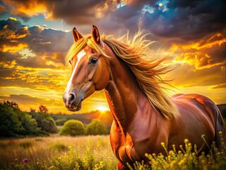 Obraz premium Golden Red Horse Summer Surreal Portrait AI Art