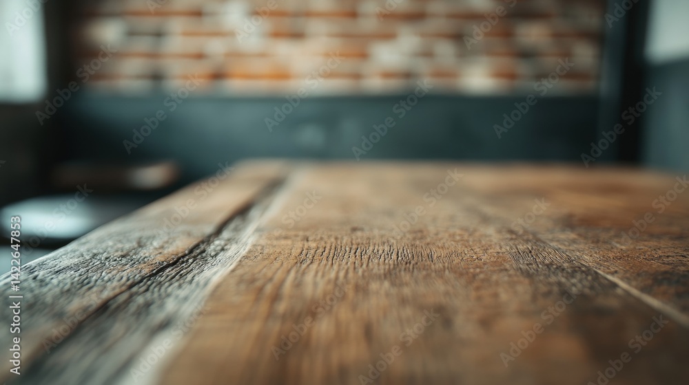 Poster a rustic wooden table displays its grain in a warm caf?© setting, complemented by a charming exposed
