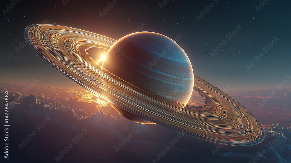 Aufkleber Saturn planet rotating in the outer space with sun shining through its rings