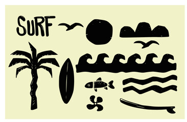 Hand-drawn surf and sea icon set featuring waves, sun, fish, palm tree, surfboards, birds, propeller, and mountains. Rustic beach vibe with artistic folk style.