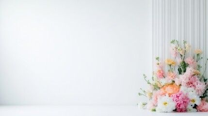 Floral Arrangement Pastel Blooms Minimalist Style High-resolution Soft Lighting Wide Angle Shot Delicate Petals Spring Celebration White Backdrop Soft Pink Hues Wedding Invitations