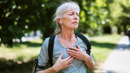 Senior woman experiencing chest pain while running in park
