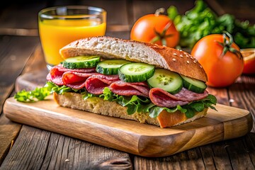 Gourmet Sandwich with Salami, Cucumber & Orange Juice - Rustic Food Photography
