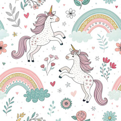 Two Playful Unicorns with Pastel Rainbows and Flowers