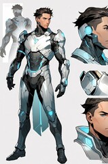 Futuristic warrior in sleek white and black armor with glowing blue accents Side sketches detail helmet  face