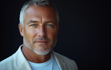 Obraz premium old vogue confident smiling man with short hair, wearing a light solid color blazer, standing against color background