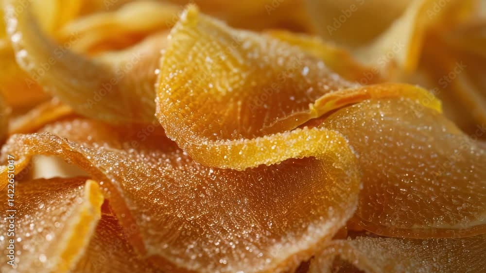 Poster a close up of a pile of orange chips with a sugary coating. the chips are piled on top of each other