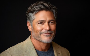 Obraz premium old vogue confident smiling man with short hair, wearing a light solid color blazer, standing against color background