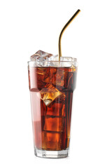 Glass of cola with ice cubes isolated on white