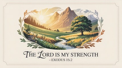 Comforting Christian Sympathy Card Featuring Serene Landscape and Inspirational Verse The Lord is my strength Exodus