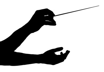 Silhouette of conductor with baton on white background, closeup