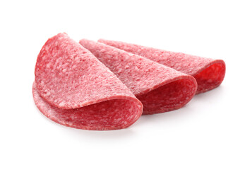 Slices of tasty smoked sausage isolated on white