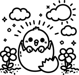 Happy Chick in Easter Egg. Spring Surprise Hatchling