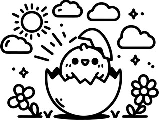 Happy Chick in Easter Egg. Spring Surprise Hatchling