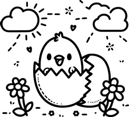 Happy Chick in Easter Egg. Spring Surprise Hatchling