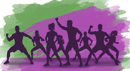 Obraz premium Eight silhouetted figures in athletic poses against a green and purple gradient background
