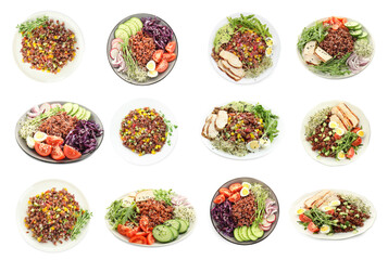 Tasty salads with brown rice isolated on white, set