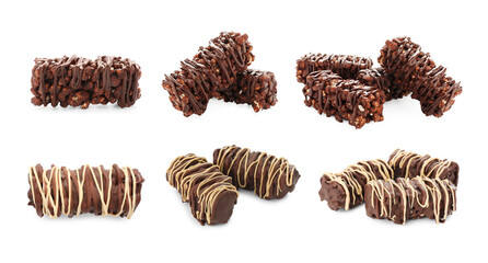 Delicious puffed rice bars with chocolate on white background, collage