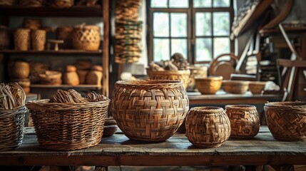 Handwoven Baskets Displayed in Artisan Workshop with Natural Lighting and Rustic Background
