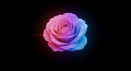  a digital rose with glowing petals that change colors, floating gently in mid-air. The rose has a soft holographic glow, with light radiating from its center
