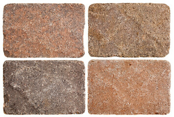 texture of four terracotta stepping stones or pavement bricks isolated on white