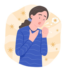 Sick Woman Cough and Suffering from Sore Throat with Virus Around Her for Healthcare and Sickness Concept Illustration