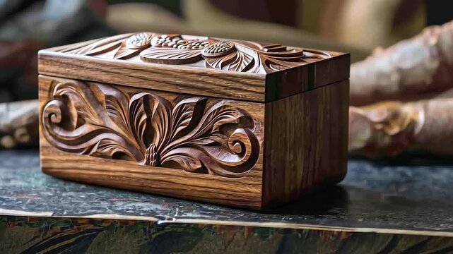 Ornate carved wooden box on dark surface, workshop background