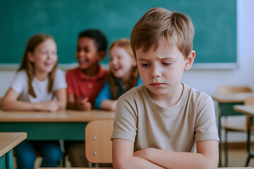  A young body with a sad expression sits alone at a desk while three other children laugh together in the background, possibly illustrating a case of selective mutism and social isolation.