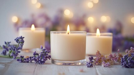 Realistic Photography of Non-Toxic Soy Candles Surrounded by Lavender Flowers and Soft Ambient Lighting