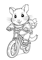 Obraz premium Coloring page for kids, hamster riding a bike
