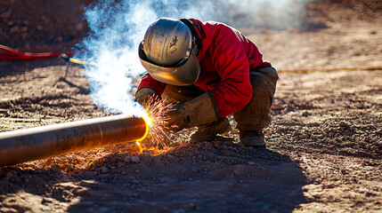 Welder Working on a Pipeline in an Outdoor Setting