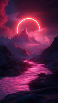 A surreal landscape featuring dramatic mountains under a vibrant, glowing half-circle, with a river reflecting deep pink hues and an ethereal sky.