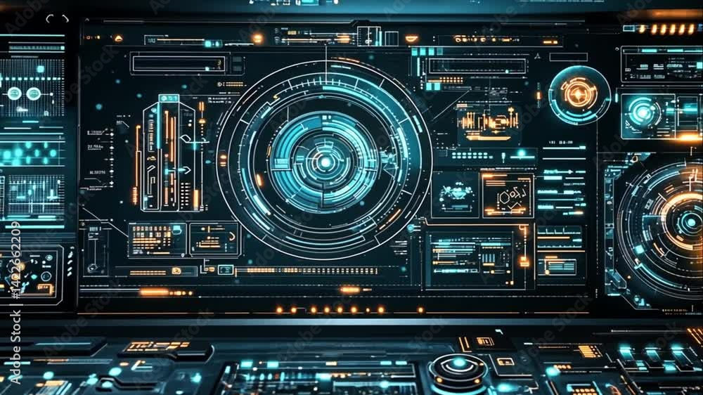 Poster futuristic teal and orange digital user interface system dashboard