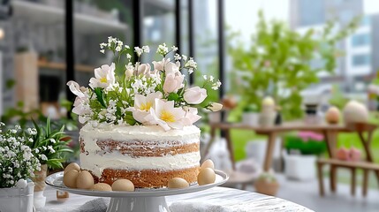 Beautiful floral cake decoration with natural elements in a bright outdoor setting