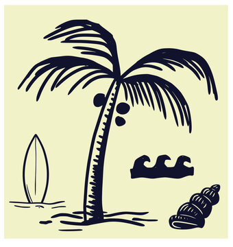 Handmade woodcut-style illustration featuring a coconut tree, surfboard, waves, and seashell. A tropical beach scene evoking the coastal spirit of summer and surfing culture.