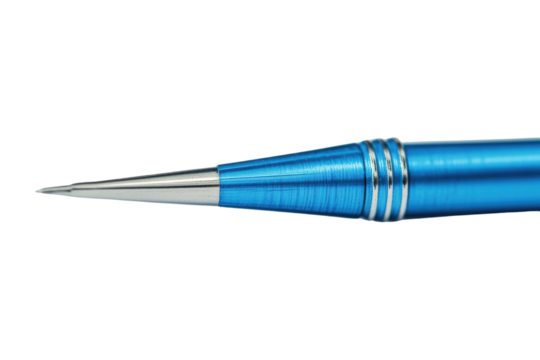 Blue metal pen tip on white background